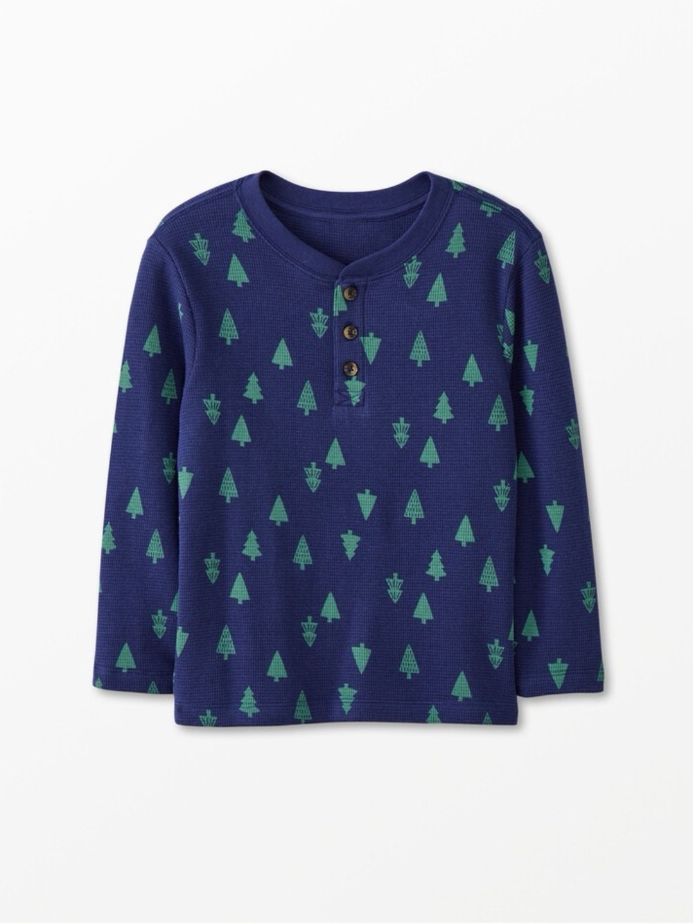 Hanna Andersson Evergreen Trees Thermal Henley Tee (Navy/Green) Size 6-7